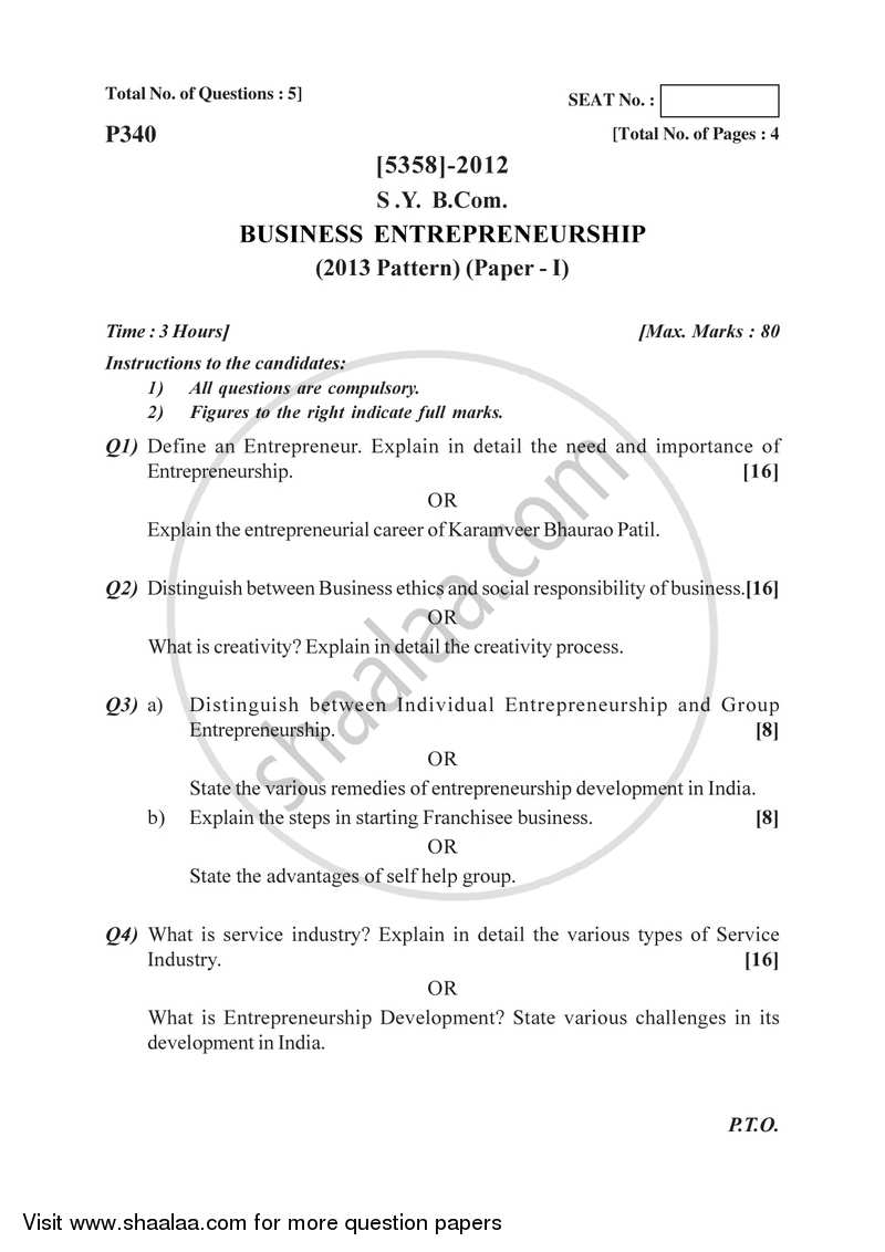 Business Entrepreneurship 1 2017-2018 - B.Com. - 2nd Year (SYBcom) - University of Pune question paper with PDF download