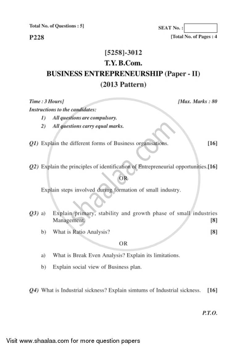 Business Entrepreneurship 2 2017-2018 - B.Com. - 3rd Year (TYBcom) - University of Pune question paper with PDF download