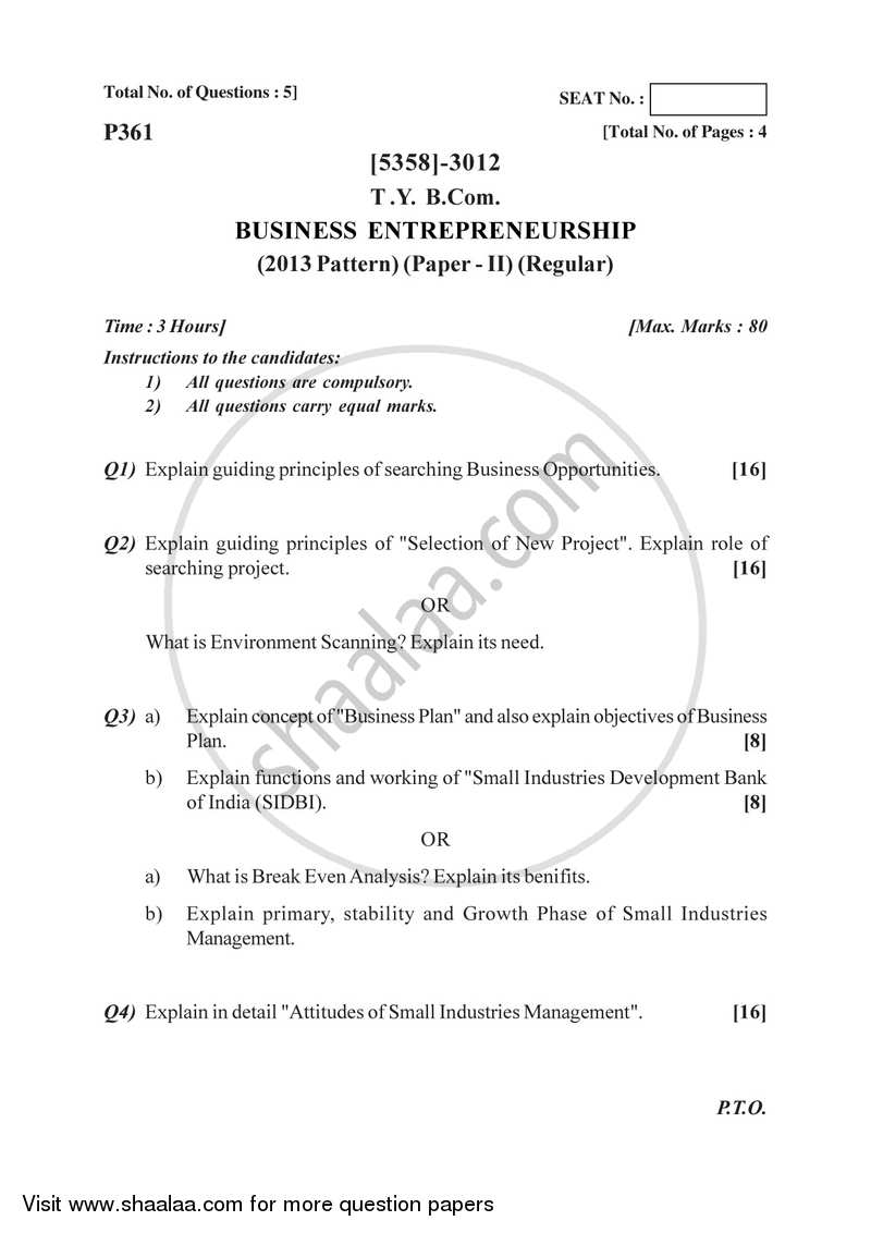 Business Entrepreneurship 2 2017-2018 - B.Com. - 3rd Year (TYBcom) - University of Pune question paper with PDF download