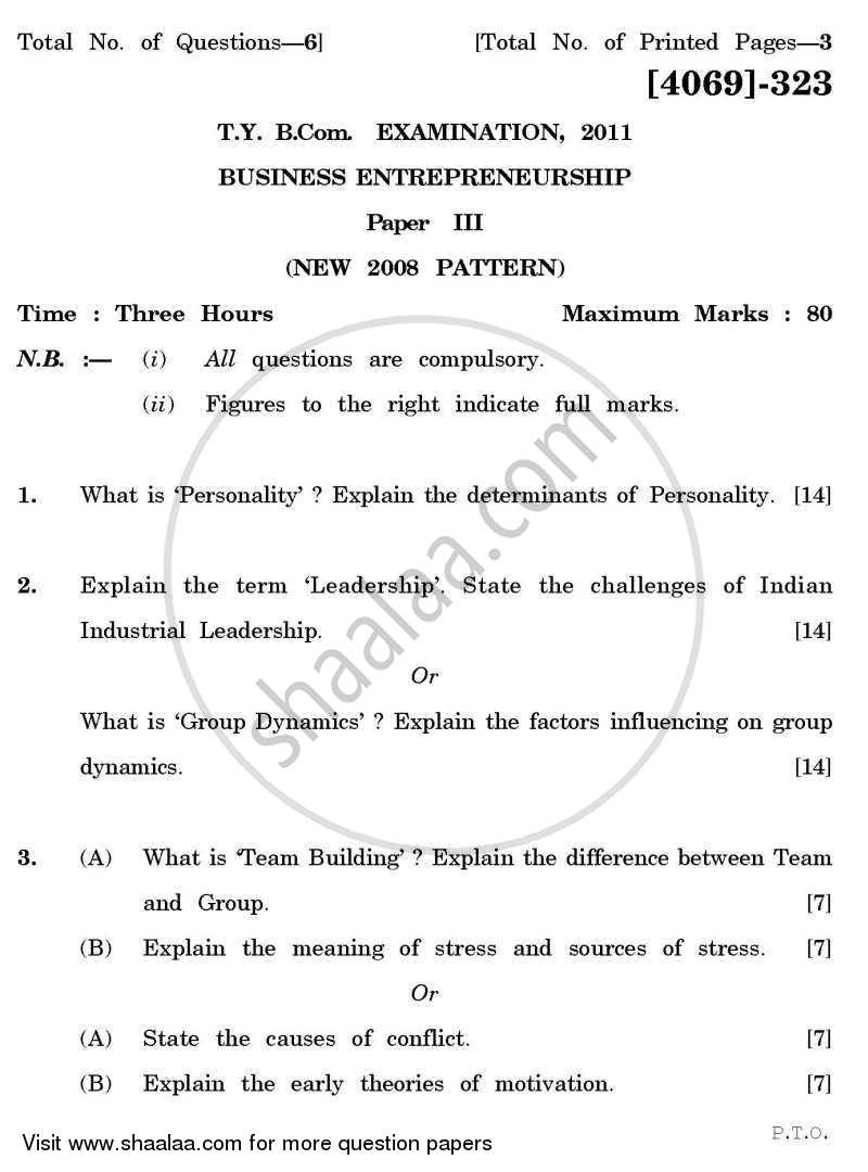Business Entrepreneurship 3 2011-2012 - B.Com. - 3rd Year (TYBcom) - University of Pune question paper with PDF download