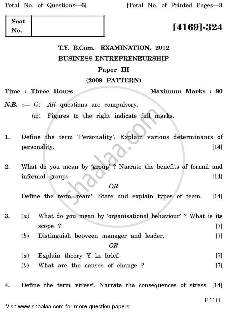 Business Entrepreneurship 3 2011-2012 - B.Com. - 3rd Year (TYBcom) - University of Pune question paper with PDF download