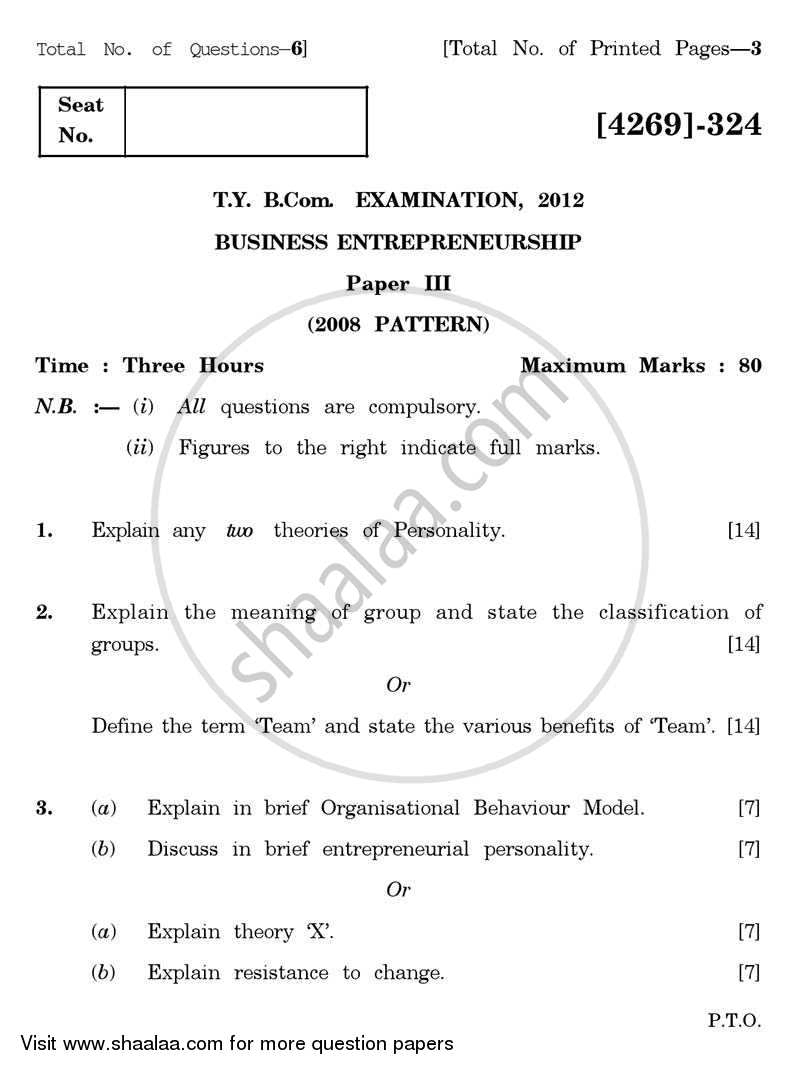 Business Entrepreneurship 3 2012-2013 - B.Com. - 3rd Year (TYBcom) - University of Pune question paper with PDF download