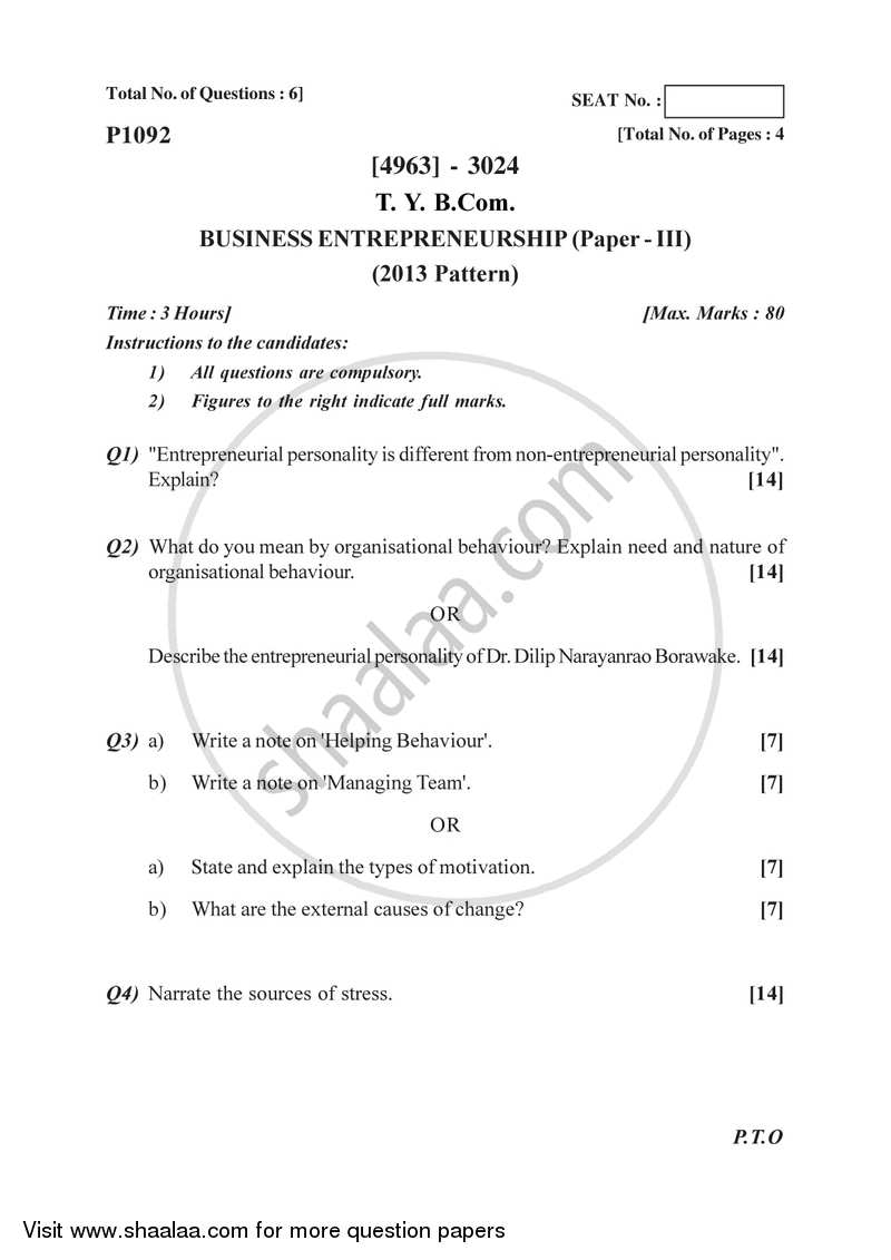 Business Entrepreneurship 3 2015-2016 - B.Com. - 3rd Year (TYBcom) - University of Pune question paper with PDF download