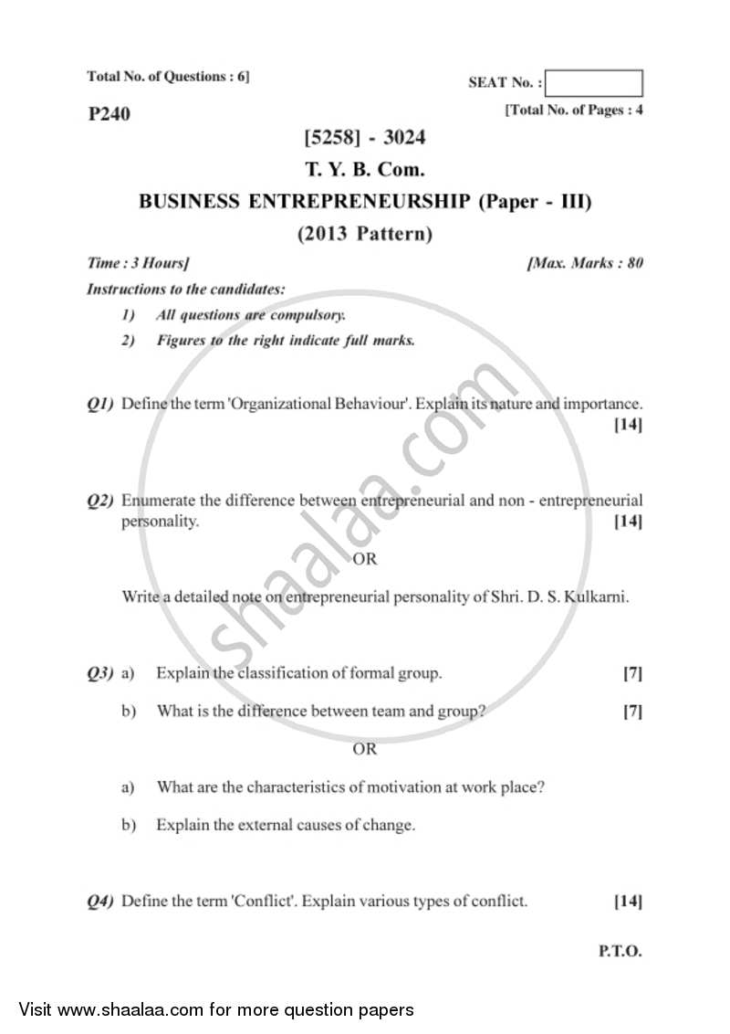 Business Entrepreneurship 3 2017-2018 - B.Com. - 3rd Year (TYBcom) - University of Pune question paper with PDF download