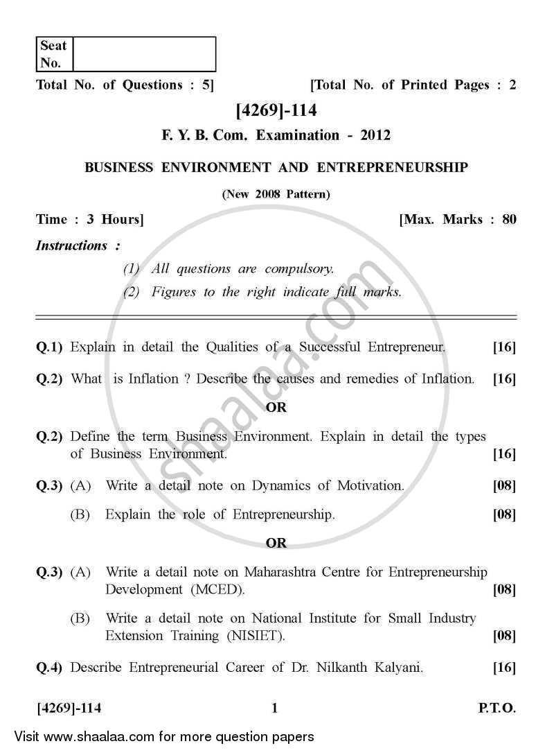 Business Environment and Entrepreneurship 2012-2013 - B.Com. - 1st Year (FYBcom) - University of Pune question paper with PDF download