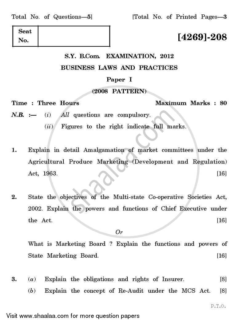 Business Laws and Practices 1 2012-2013 - B.Com. - 2nd Year (SYBcom) - University of Pune question paper with PDF download