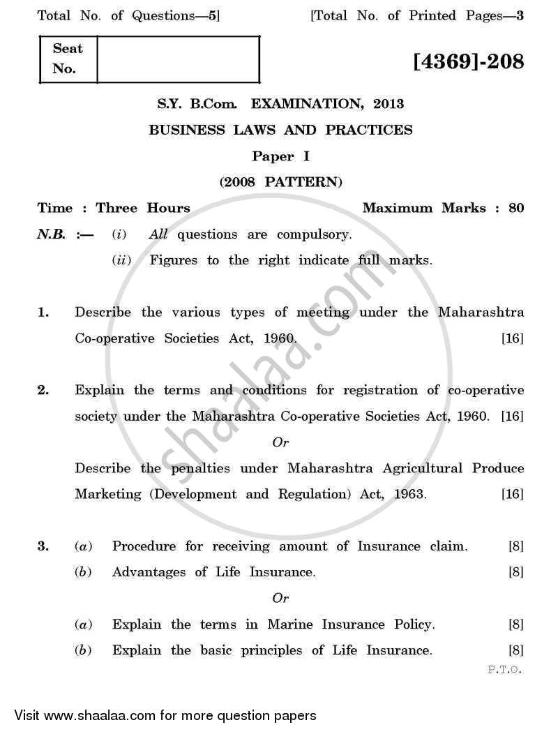 Business Laws and Practices 1 2012-2013 - B.Com. - 2nd Year (SYBcom) - University of Pune question paper with PDF download