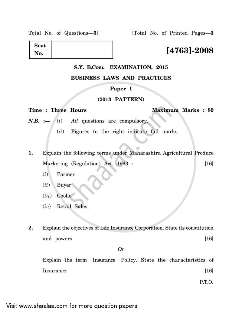 Business Laws and Practices 1 2014-2015 - B.Com. - 2nd Year (SYBcom) - University of Pune question paper with PDF download