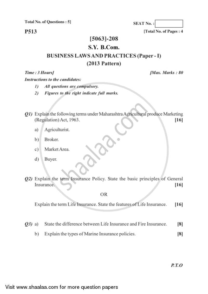 Business Laws and Practices 1 2016-2017 - B.Com. - 2nd Year (SYBcom) - University of Pune question paper with PDF download
