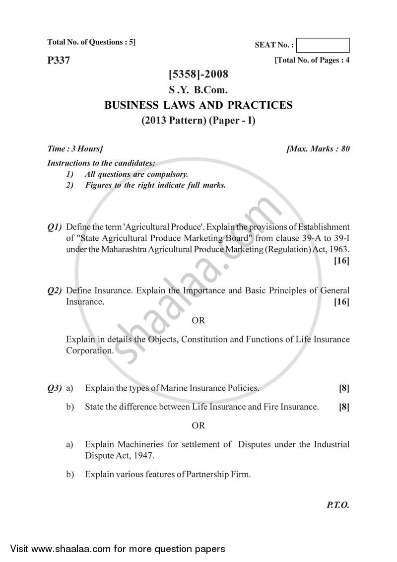 Business Laws and Practices 1 2017-2018 - B.Com. - 2nd Year (SYBcom) - University of Pune question paper with PDF download