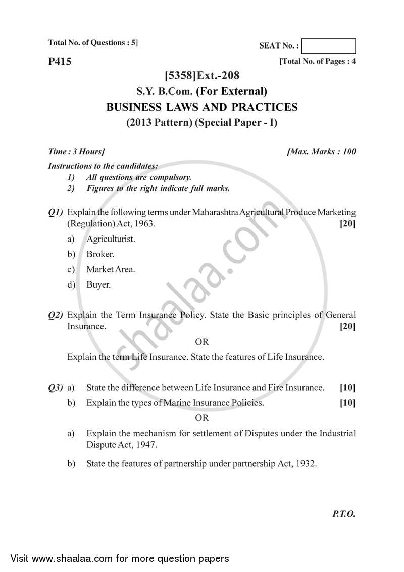 Business Laws and Practices 1 2017-2018 - B.Com. - 2nd Year (SYBcom) - University of Pune question paper with PDF download