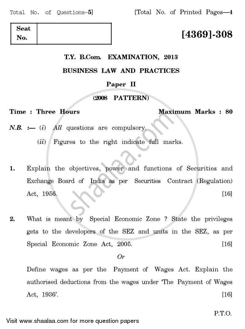 Business Laws and Practices 2 2012-2013 - B.Com. - 3rd Year (TYBcom) - University of Pune question paper with PDF download