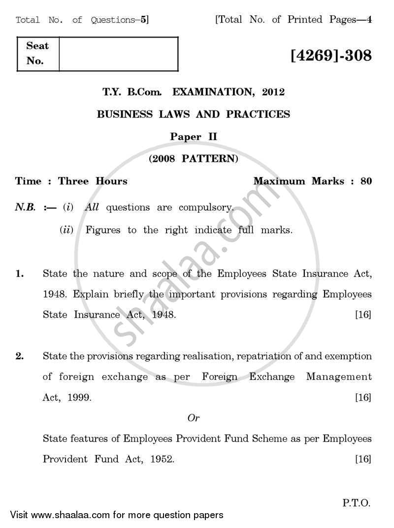 Business Laws and Practices 2 2012-2013 - B.Com. - 3rd Year (TYBcom) - University of Pune question paper with PDF download