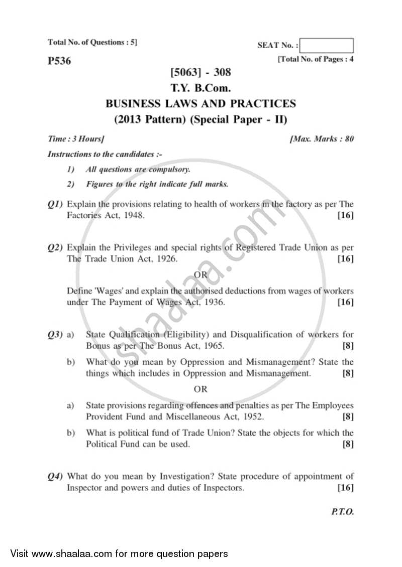 Business Laws and Practices 2 2016-2017 - B.Com. - 3rd Year (TYBcom) - University of Pune question paper with PDF download