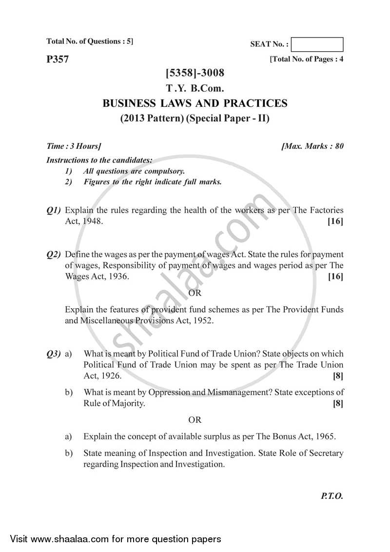 Business Laws and Practices 2 2017-2018 - B.Com. - 3rd Year (TYBcom) - University of Pune question paper with PDF download