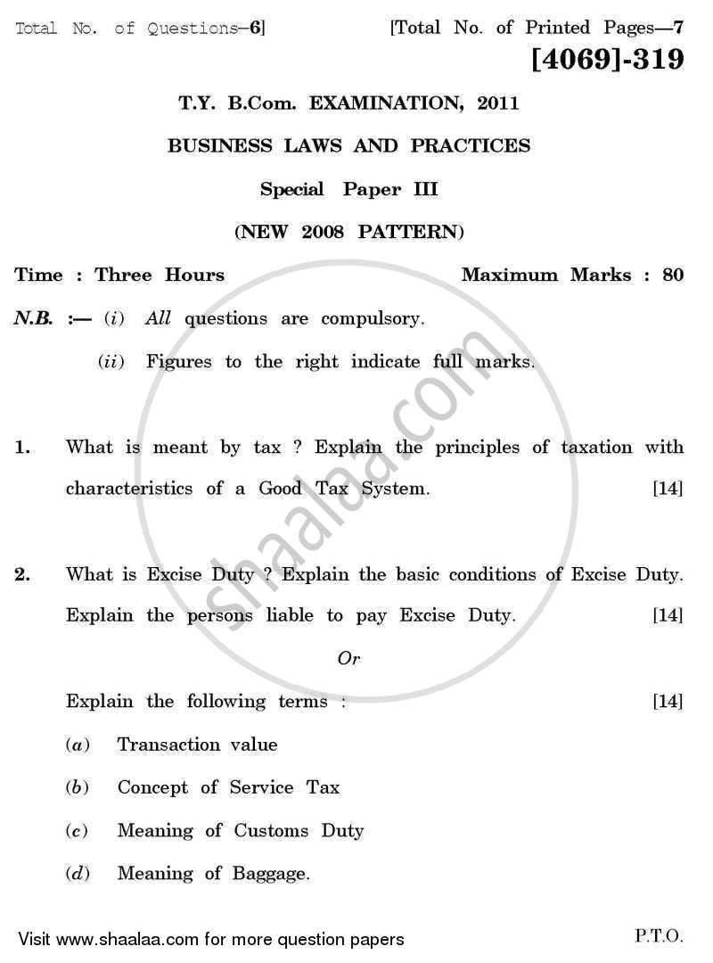 Business Laws and Practices 3 2011-2012 - B.Com. - 3rd Year (TYBcom) - University of Pune question paper with PDF download