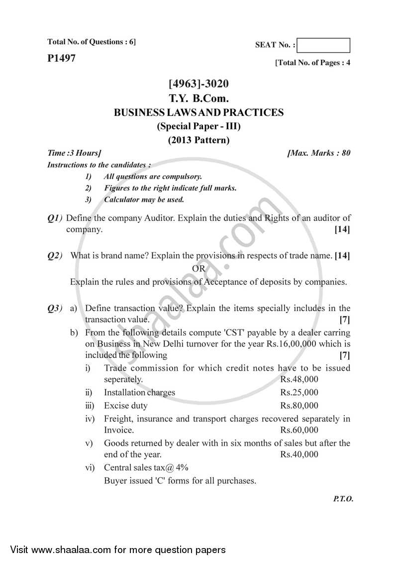 Business Laws and Practices 3 2015-2016 - B.Com. - 3rd Year (TYBcom) - University of Pune question paper with PDF download