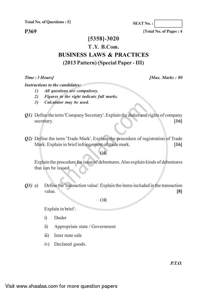 Business Laws and Practices 3 2017-2018 - B.Com. - 3rd Year (TYBcom) - University of Pune question paper with PDF download