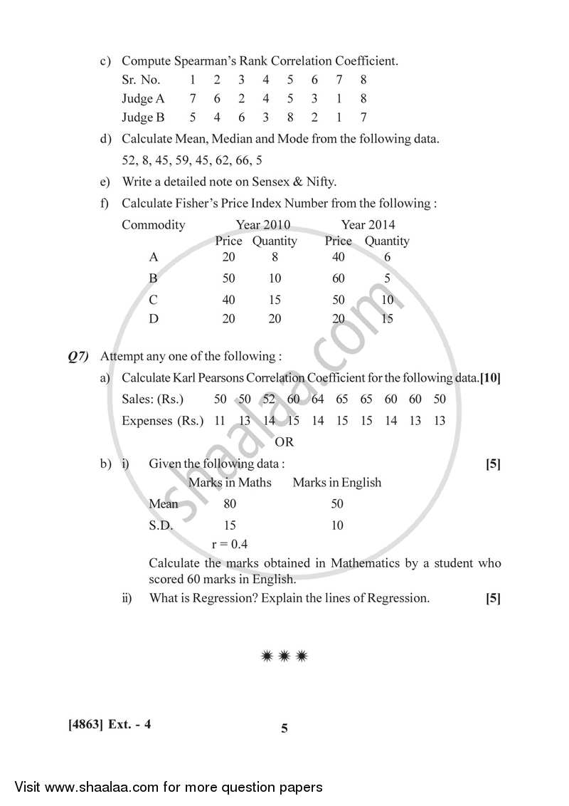 Business Mathematics and Statistics 2015-2016 - B.Com. - 1st Year (FYBcom) - University of Pune question paper with PDF download