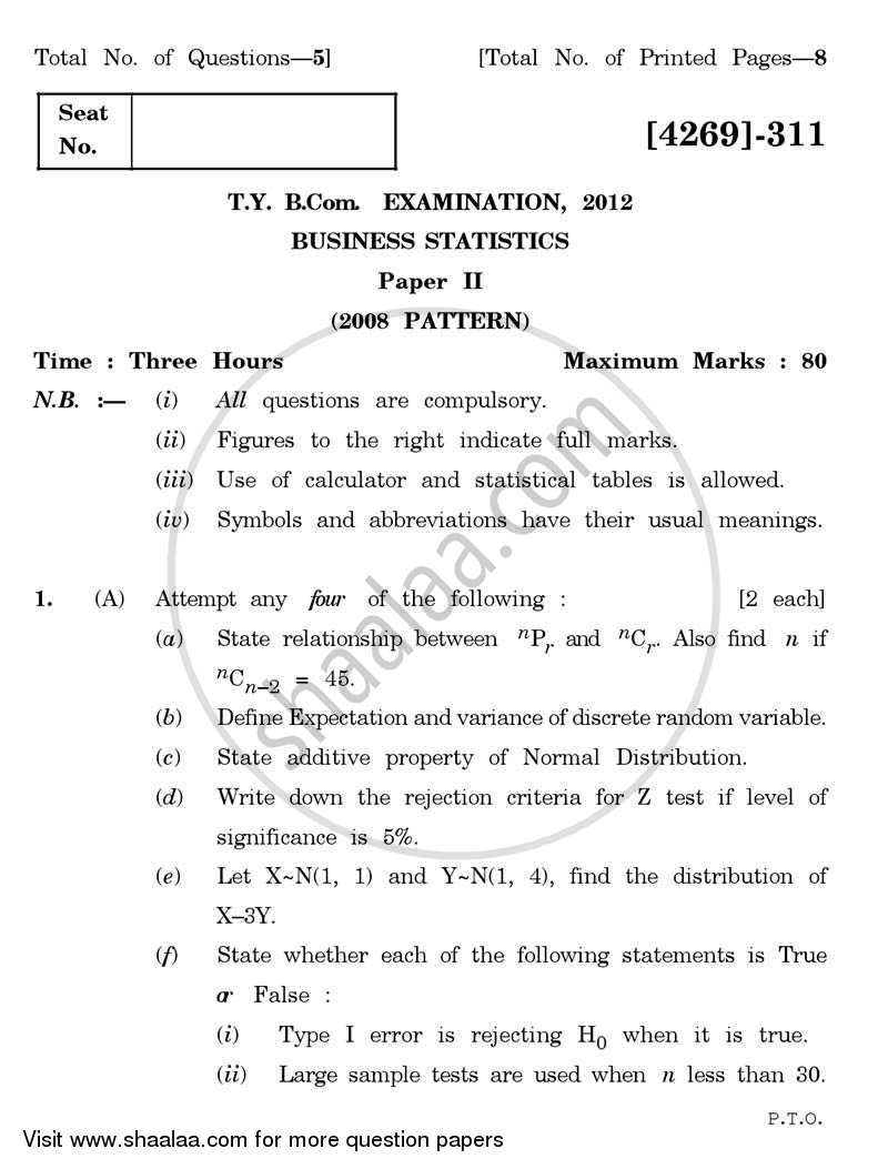 Business Statistics 2 2012-2013 - B.Com. - 3rd Year (TYBcom) - University of Pune question paper with PDF download