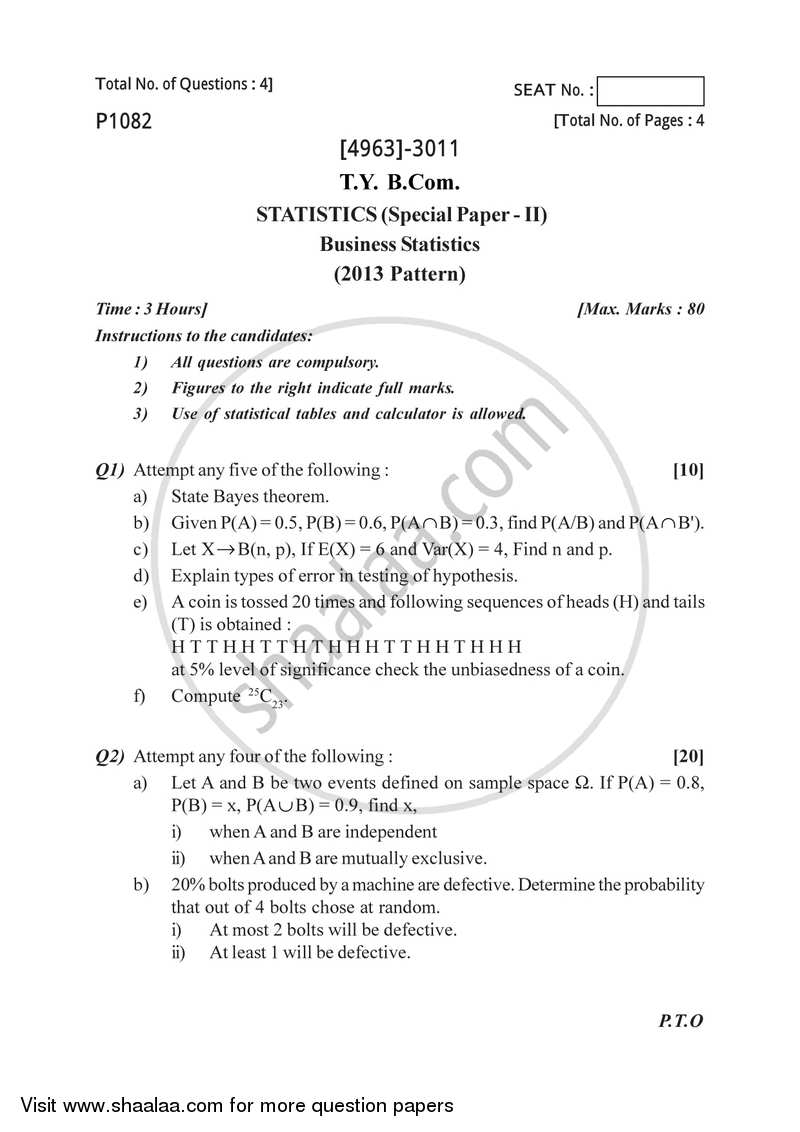 Business Statistics 2 2015-2016 - B.Com. - 3rd Year (TYBcom) - University of Pune question paper with PDF download