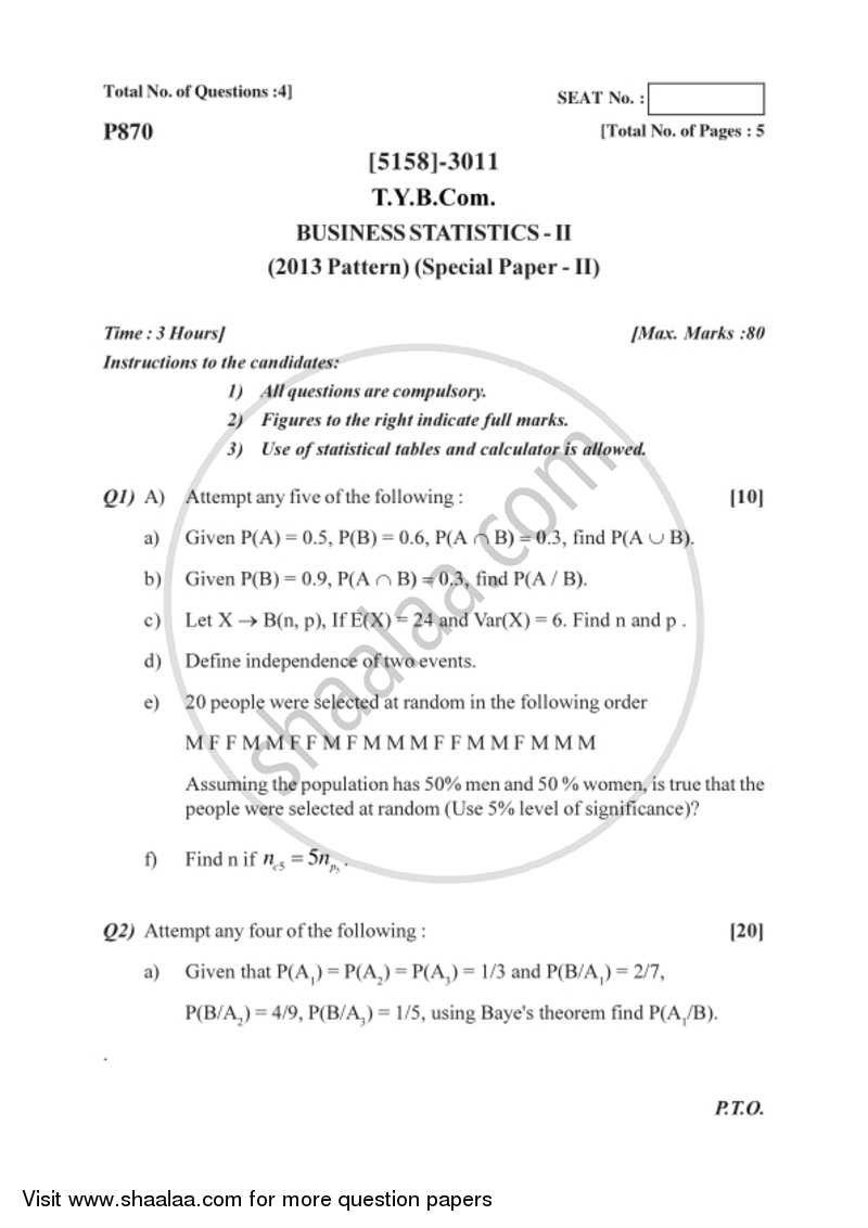 Business Statistics 2 2016-2017 - B.Com. - 3rd Year (TYBcom) - University of Pune question paper with PDF download