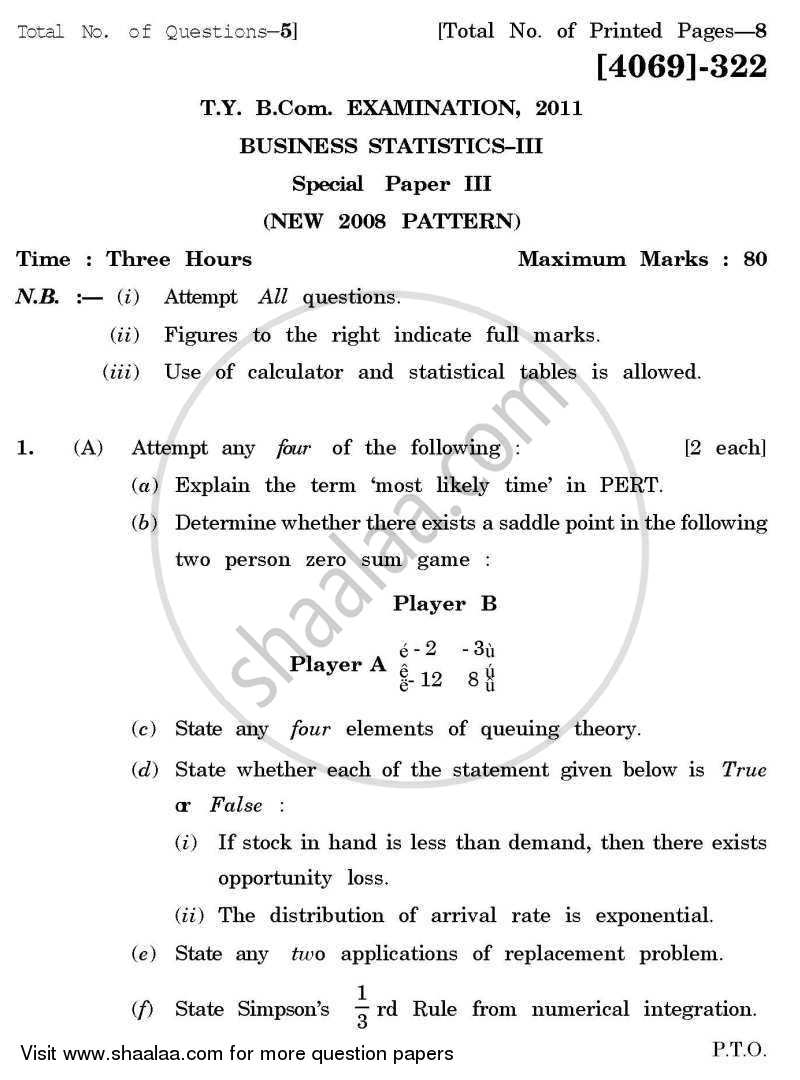 Business Statistics 3 2011-2012 - B.Com. - 3rd Year (TYBcom) - University of Pune question paper with PDF download