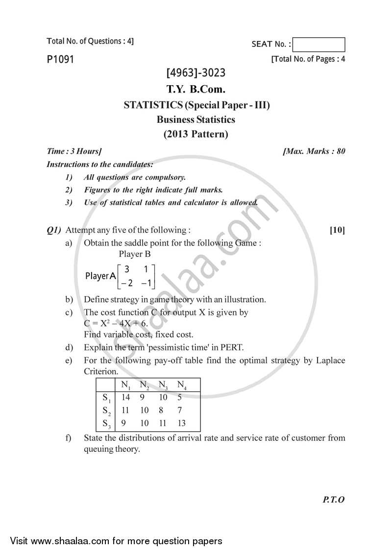 Business Statistics 3 2015-2016 - B.Com. - 3rd Year (TYBcom) - University of Pune question paper with PDF download