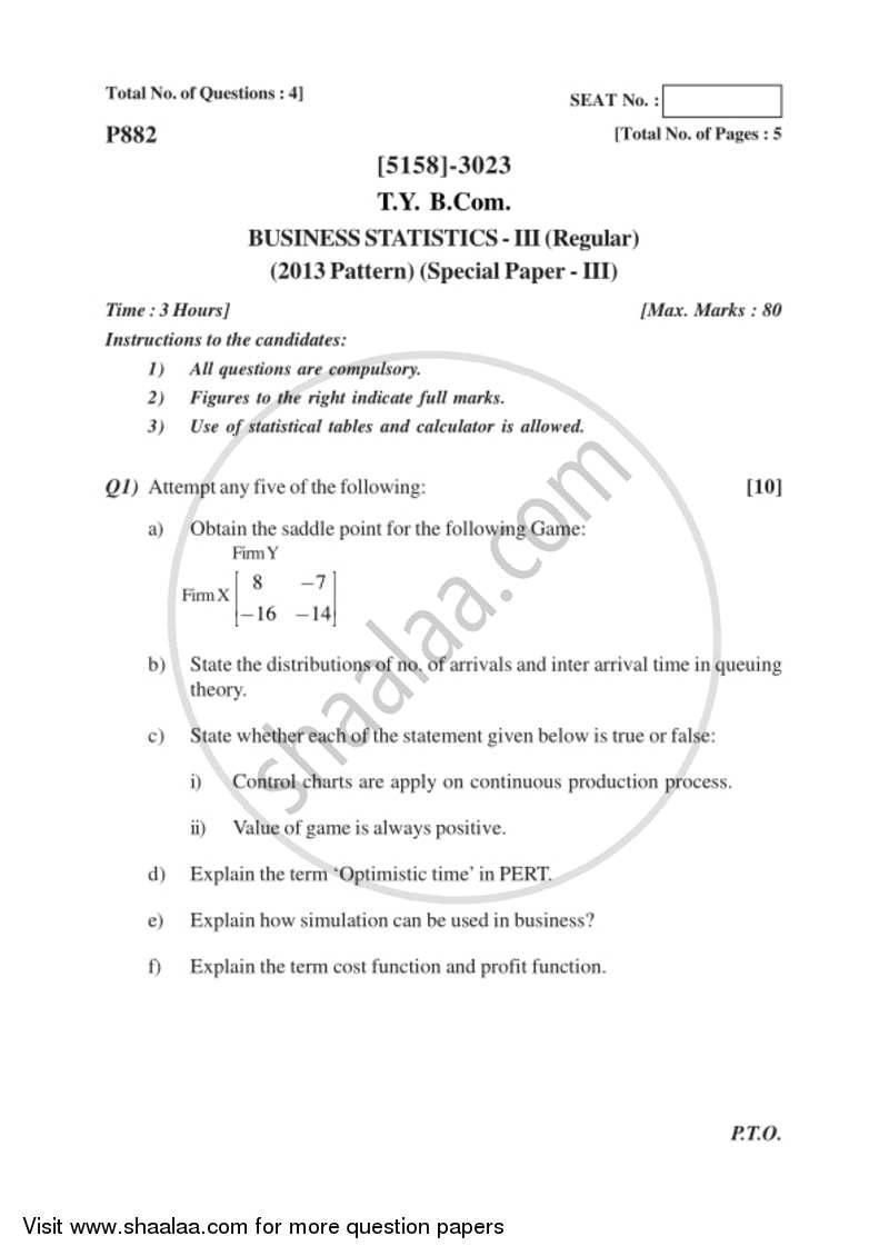 Business Statistics 3 2016-2017 - B.Com. - 3rd Year (TYBcom) - University of Pune question paper with PDF download