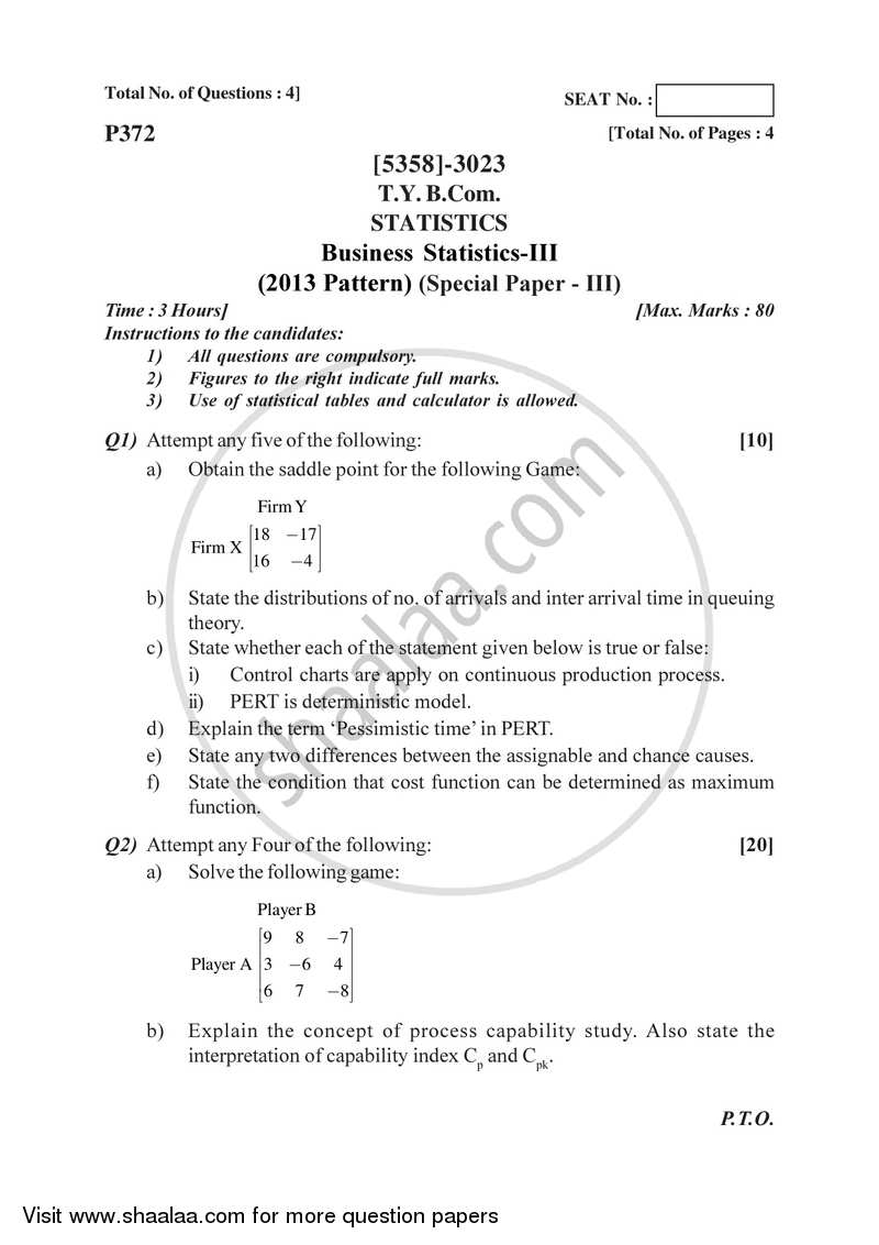 Business Statistics 3 2017-2018 - B.Com. - 3rd Year (TYBcom) - University of Pune question paper with PDF download