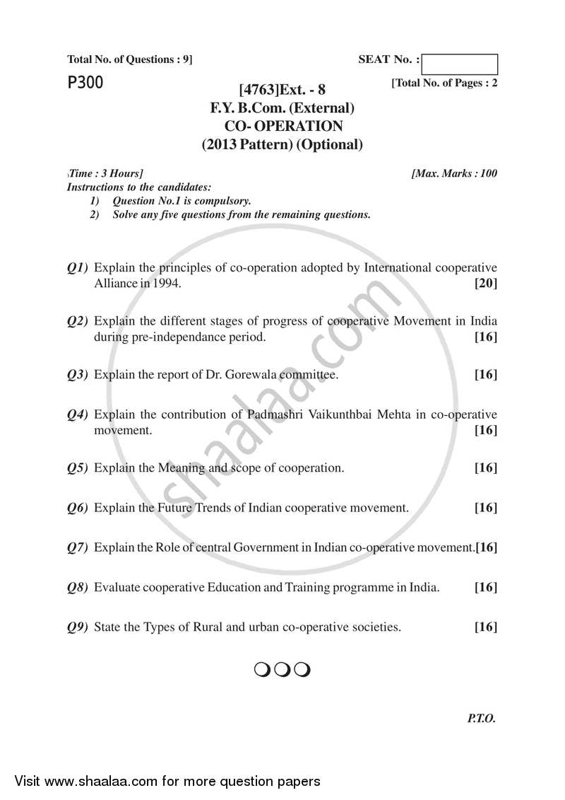 Co-operation 2014-2015 - B.Com. - 1st Year (FYBcom) - University of Pune question paper with PDF download