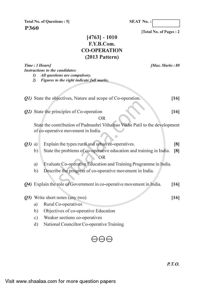 Co-operation 2014-2015 - B.Com. - 1st Year (FYBcom) - University of Pune question paper with PDF download