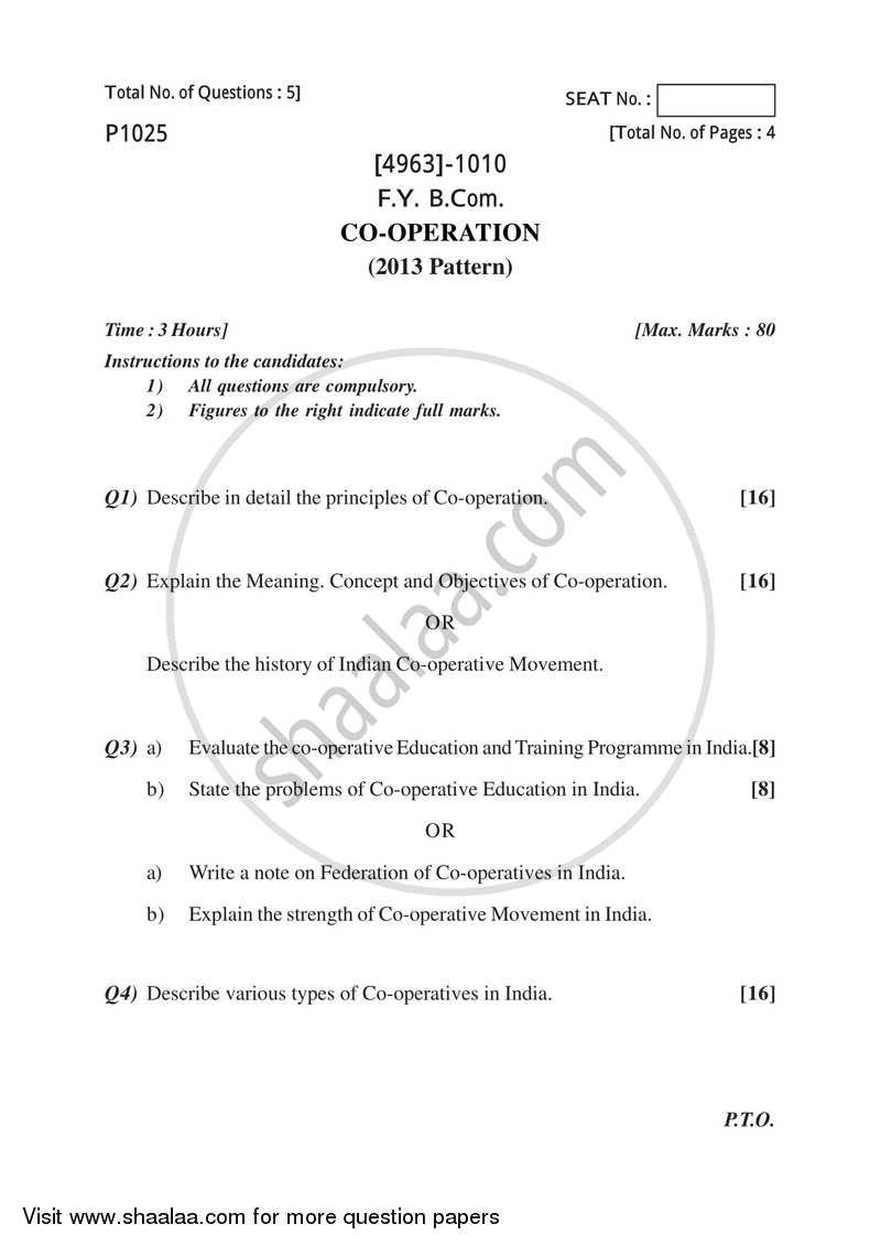 Co-operation 2015-2016 - B.Com. - 1st Year (FYBcom) - University of Pune question paper with PDF download