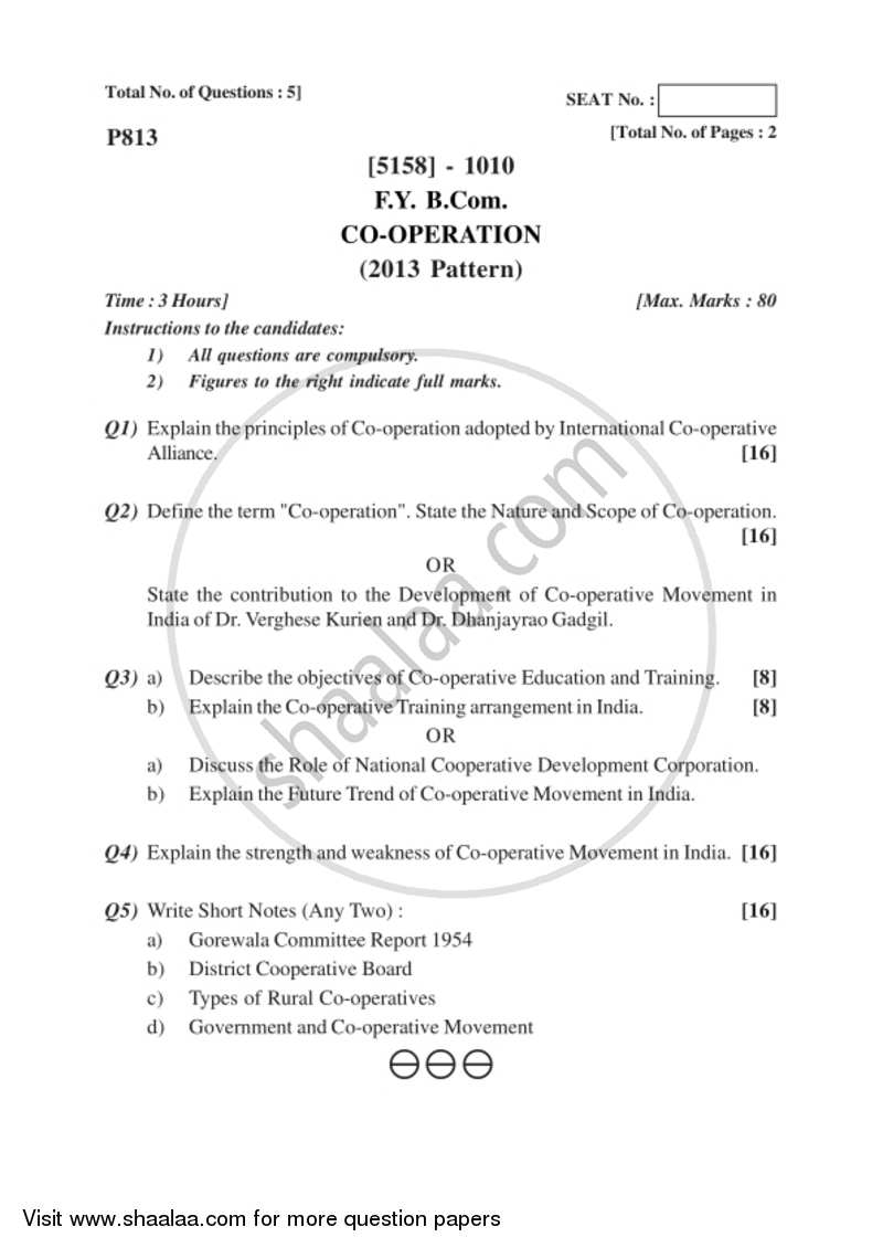 Co-operation 2016-2017 - B.Com. - 1st Year (FYBcom) - University of Pune question paper with PDF download