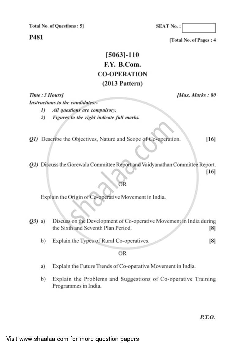 Co-operation 2016-2017 - B.Com. - 1st Year (FYBcom) - University of Pune question paper with PDF download