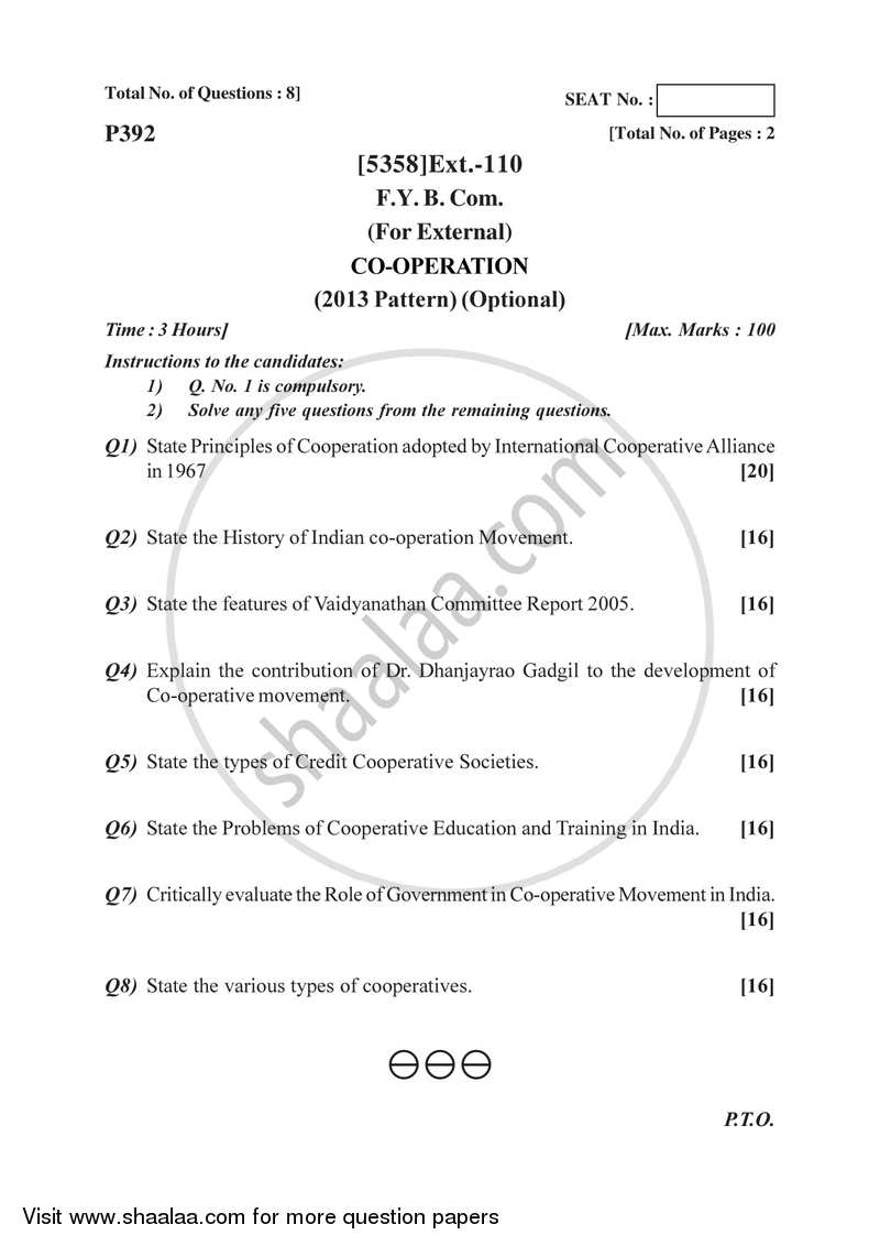 Co-operation 2017-2018 - B.Com. - 1st Year (FYBcom) - University of Pune question paper with PDF download