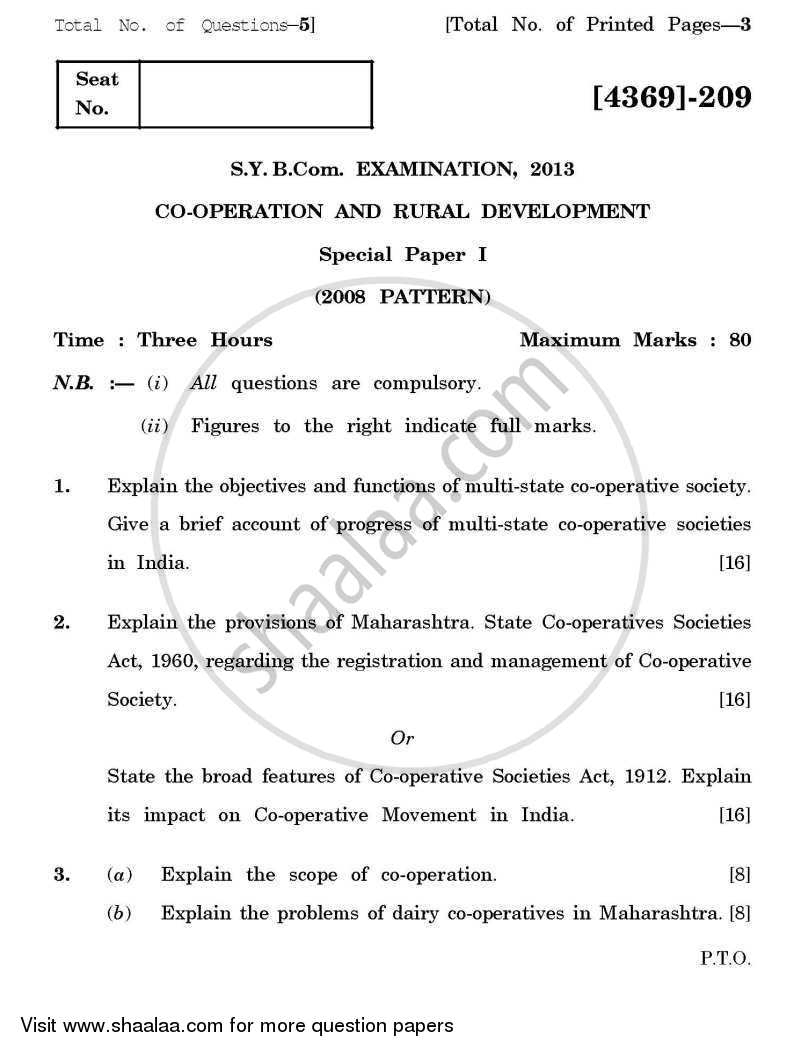 Co-operation and Rural Development 1 2012-2013 - B.Com. - 2nd Year (SYBcom) - University of Pune question paper with PDF download