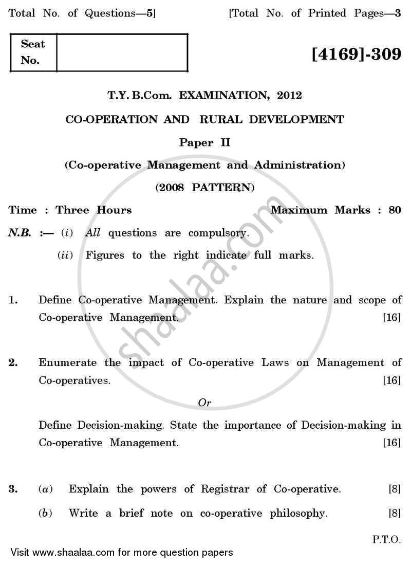Co-operation and Rural Development 2 2011-2012 - B.Com. - 3rd Year (TYBcom) - University of Pune question paper with PDF download