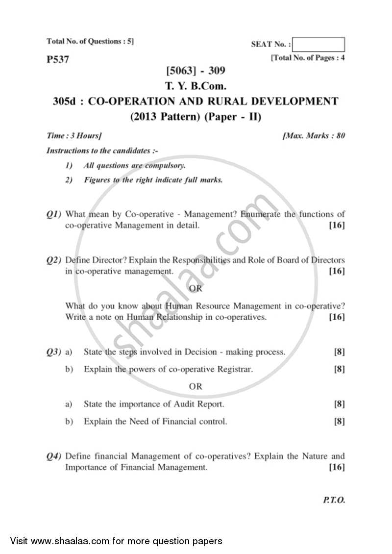 Co-operation and Rural Development 2 2016-2017 - B.Com. - 3rd Year (TYBcom) - University of Pune question paper with PDF download