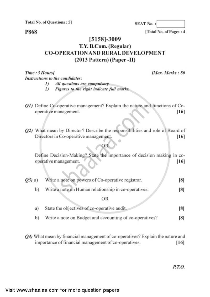 Co-operation and Rural Development 2 2016-2017 - B.Com. - 3rd Year (TYBcom) - University of Pune question paper with PDF download