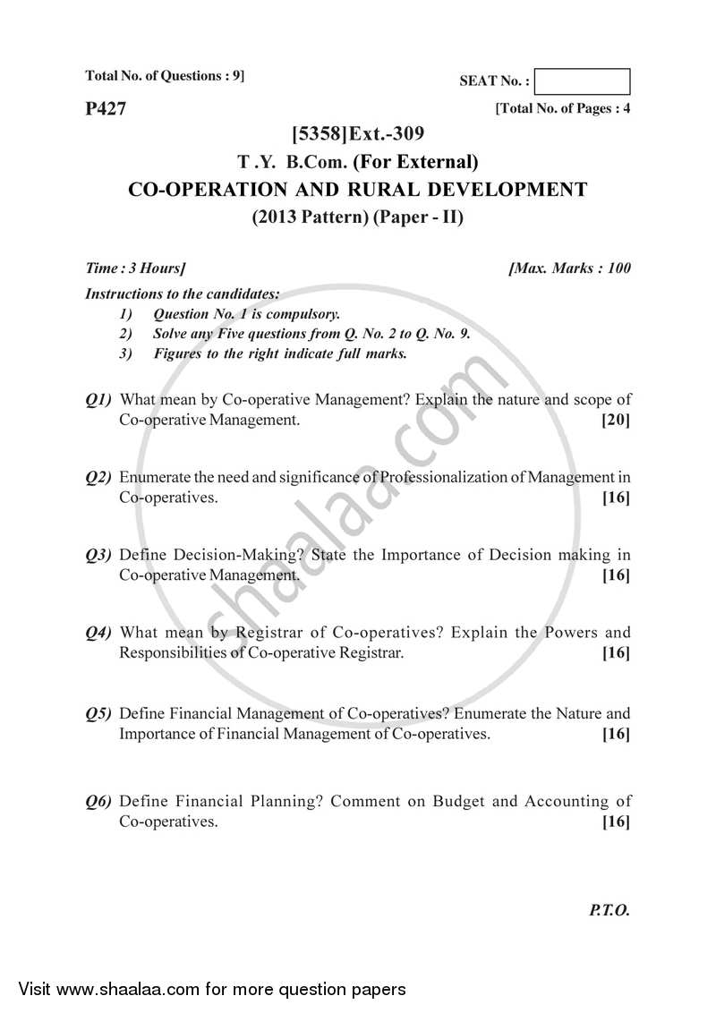 Co-operation and Rural Development 2 2017-2018 - B.Com. - 3rd Year (TYBcom) - University of Pune question paper with PDF download