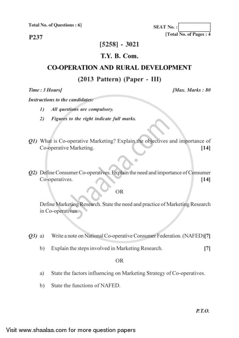 Co-operation and Rural Development 3 2017-2018 - B.Com. - 3rd Year (TYBcom) - University of Pune question paper with PDF download