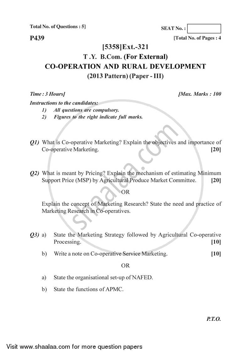 Co-operation and Rural Development 3 2017-2018 - B.Com. - 3rd Year (TYBcom) - University of Pune question paper with PDF download