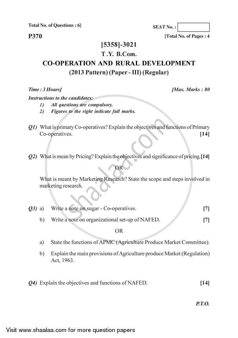Co-operation and Rural Development 3 2017-2018 - B.Com. - 3rd Year (TYBcom) - University of Pune question paper with PDF download