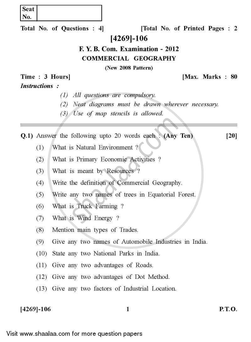 Commercial Geography 2012-2013 - B.Com. - 1st Year (FYBcom) - University of Pune question paper with PDF download
