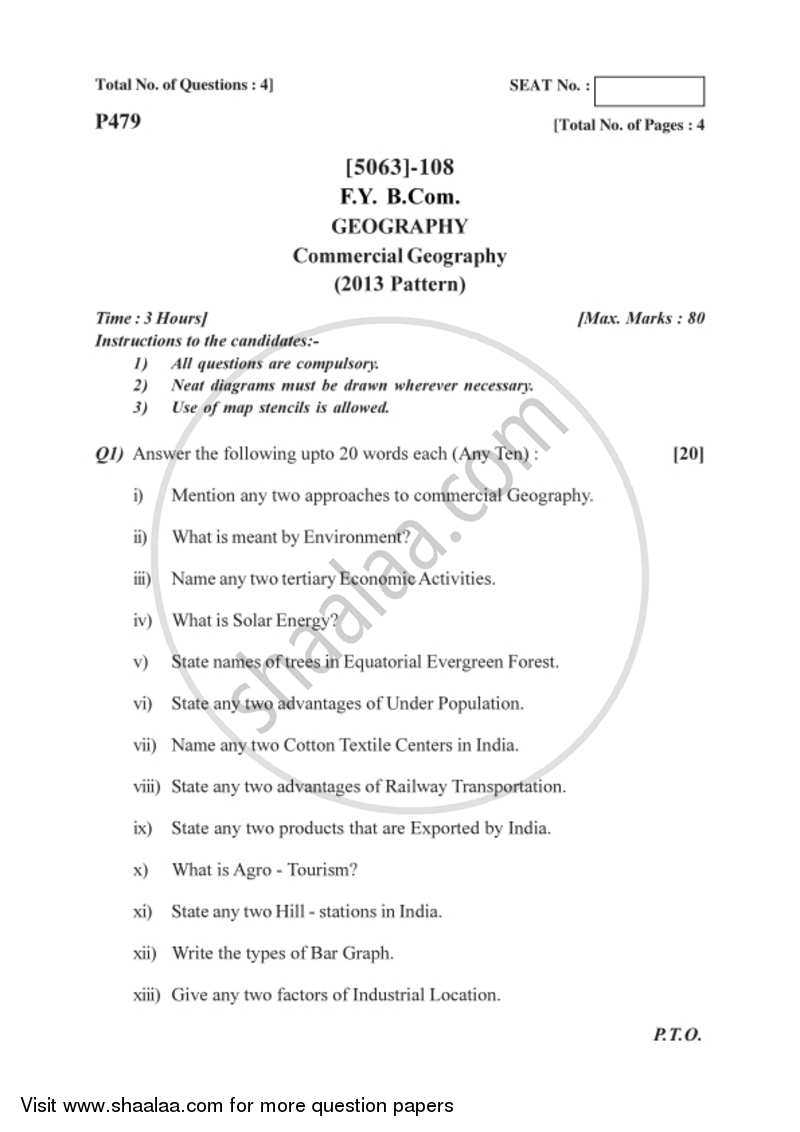 Commercial Geography 2016-2017 - B.Com. - 1st Year (FYBcom) - University of Pune question paper with PDF download