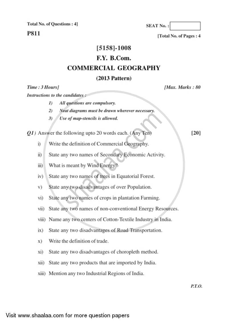 Commercial Geography 2016-2017 - B.Com. - 1st Year (FYBcom) - University of Pune question paper with PDF download