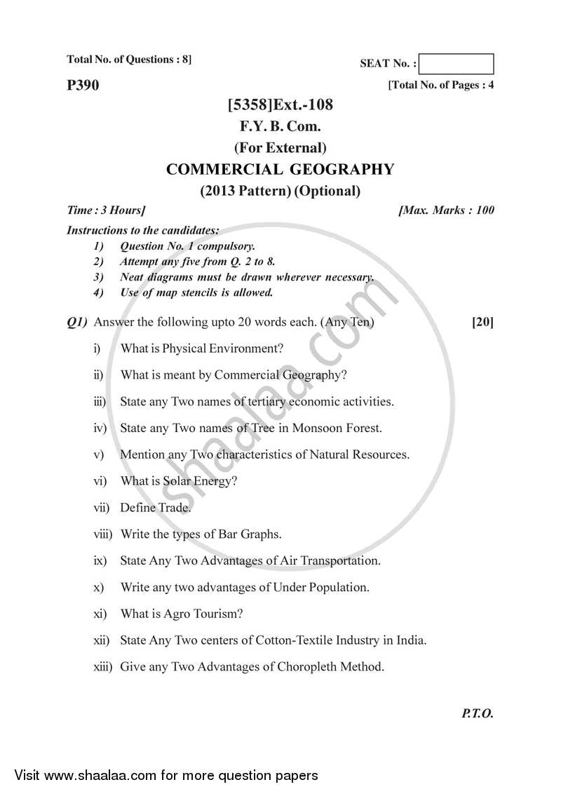 Commercial Geography 2017-2018 - B.Com. - 1st Year (FYBcom) - University of Pune question paper with PDF download