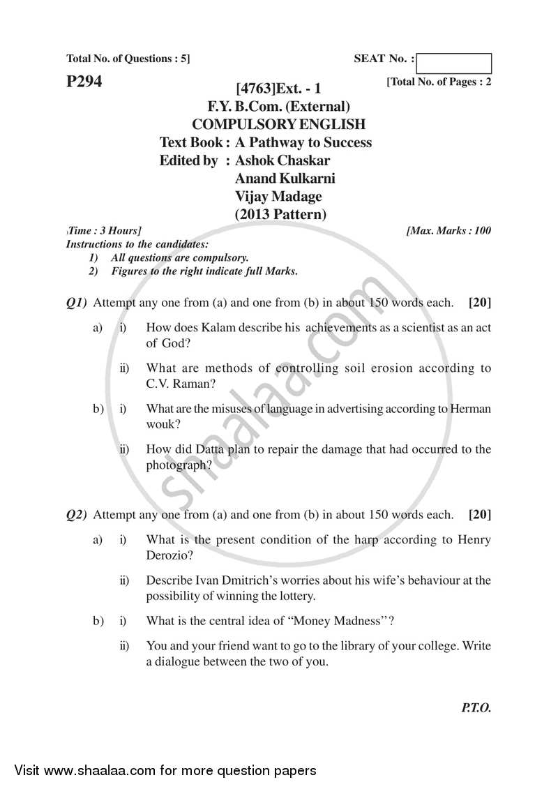Compulsory English 2014-2015 - B.Com. - 1st Year (FYBcom) - University of Pune question paper with PDF download