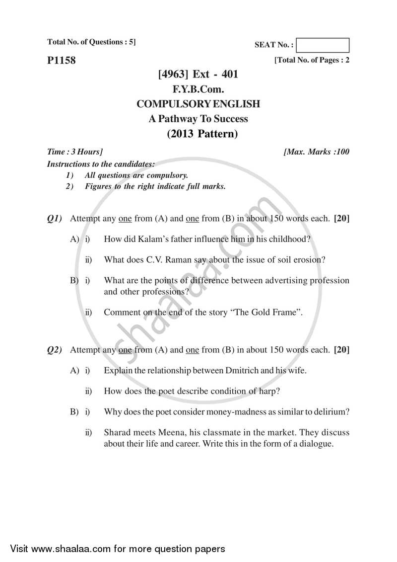 Compulsory English 2015-2016 - B.Com. - 1st Year (FYBcom) - University of Pune question paper with PDF download